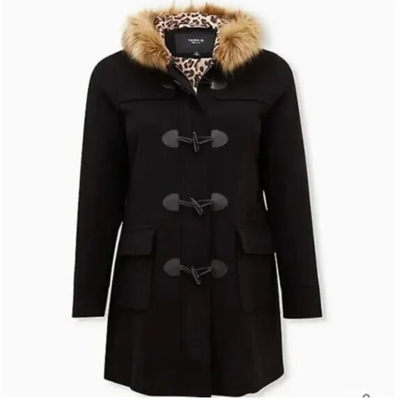 Torrid Hooded Fur Trim Toggle Coat Ponte Knit Black Leopard Lined Hood Size 6X - Picture 2 of 7